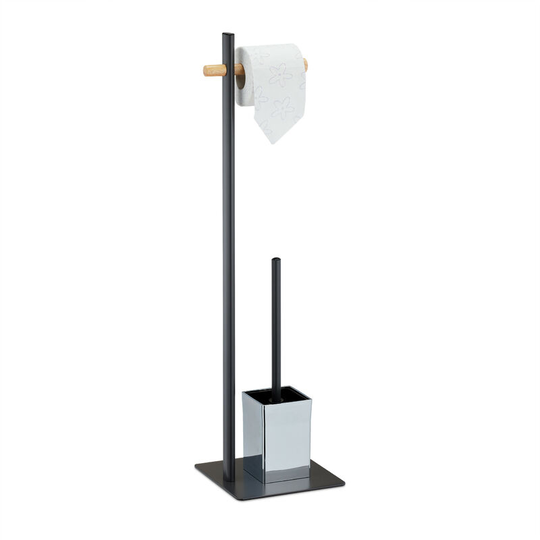 Wc Accessories Set, Standing Toilet Paper Stand, Brush & Paper Holder, 77.5 x 21.5 x 20 cm, Black/natural - Relaxdays