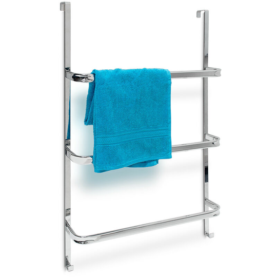 Relaxdays - Towel Holder with 3 Rails: 85 x 54 x 11 cm Stainless Steel for All Standard-Size Doors with no Drilling, Chrome Finish w/ 2 Hooks, Modern