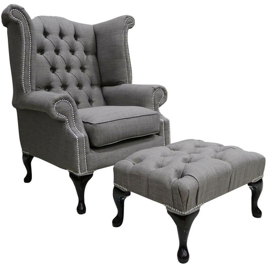 Chesterfield Linen Queen Anne High Back Wing Chair Charles Slate + Footstool