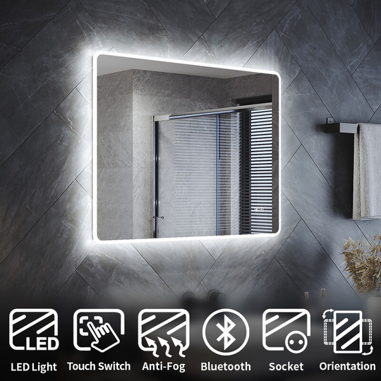 Elegant - 800 x 600 mm Bathroom Mirror with led Light, Bluetooth, Shaver Socket, Demister Pad, Hook, Adjustable Brightness, Acrylic Frame Wall