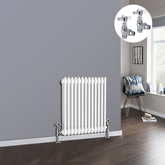 White 3 Column Traditional Cast Iron Style Radiator with Chrome Angled Cross Head Manual Valves Horizontal 600x607mm