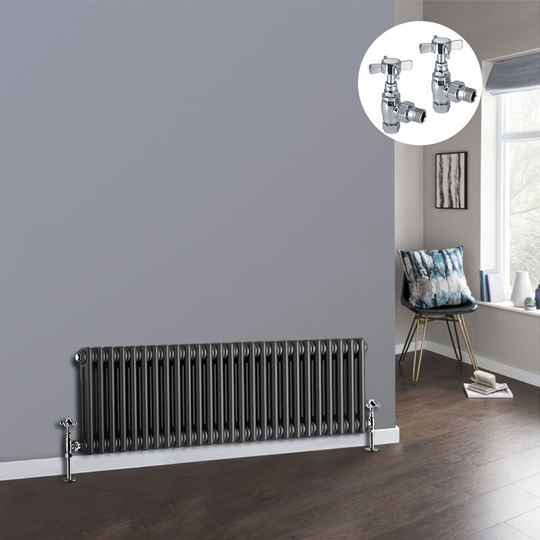 Anthracite 2 Column Traditional Cast Iron Style Radiator with Chrome Angled Cross Head Manual Valves Horizontal 300x1010mm