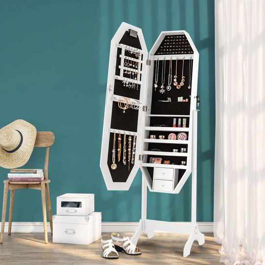 Free Standing Jewelry Cabinet W/ Full Length Led Mirror 3-In-1 Jewelry & Makeup Storage Cabinet Jewelry Armoire Organizer