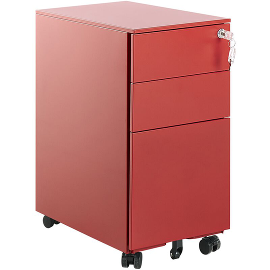 Beliani - Modern Office Storage Cabinet 3 Drawers Key Lock Castors Metal Red Bolsena - Red