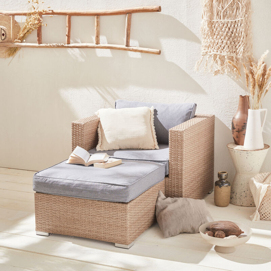 Garden sofa sets - armchair and footstool in rattan - Natural rattan, grey cushions - Beige