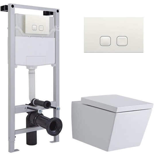 Milano - Dalton - White Ceramic Modern Bathroom Wall Hung Square Toilet wc with Tall Wall Frame Cistern and Square White Flush Plate