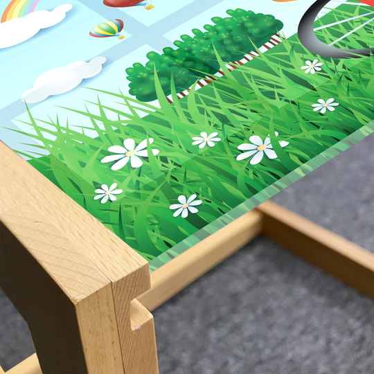 Cartoon Coffee Table, Spring Landscape With Rainbow Clouds Air Balloons And Bicycle On Daisy Grass, Acrylic Glass Center Table With Wooden Frame For O