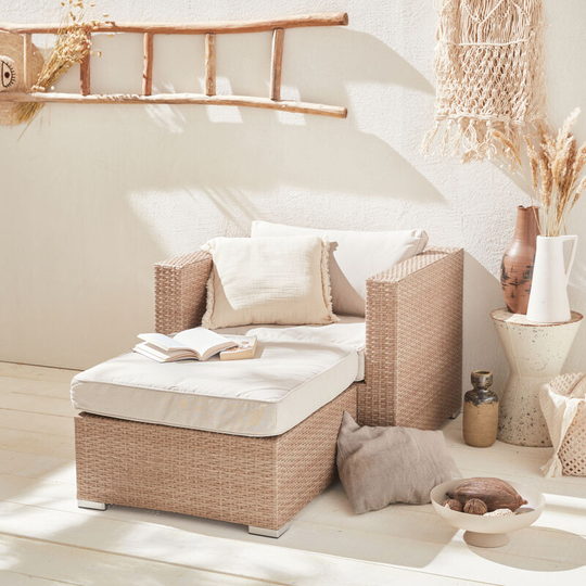 Garden sofa sets - armchair and footstool in rattan - Natural rattan, beige cushions - Beige