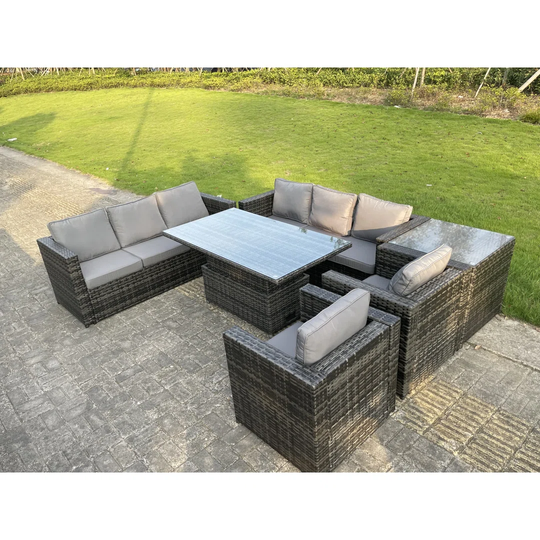 Outdoor Rattan Garden Furniture Sets Lounge Sofa Adjustable Rising Table Chair Dark Grey Patio