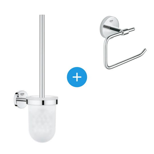 Baucosmopolitan Accessory Set With Wall Mounted Toilet Brush + Metal Paper Dispenser, Chrome (40463001-DUOESSENTIALS)