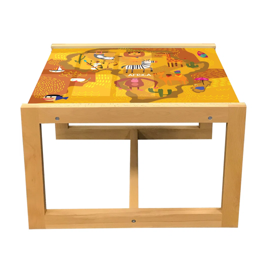 Lion Coffee Table, World Map With Traditional Animal In The Outlined Map Of Africa Cartoon Form, Acrylic Glass Center Table With Wooden Frame For Offi