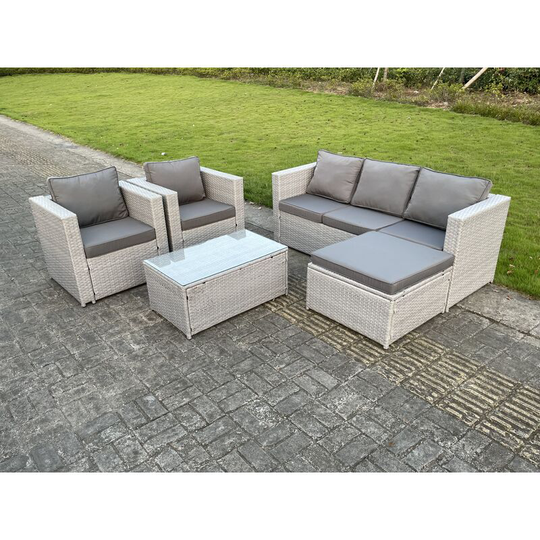 Light Grey Lounge Outdoor pe Rattan Garden Furniture Set Wicker Sofa Set Oblong Coffee Table With 2 Armchair - Fimous