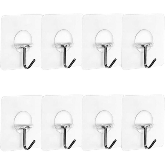 Clear Adhesive Wall Hooks (7.2cm x 7.2cm) for Home Bathroom, Kitchen, Door from Wall to Ceiling, 22pound / 10kg - Pack of 8 - Litzee
