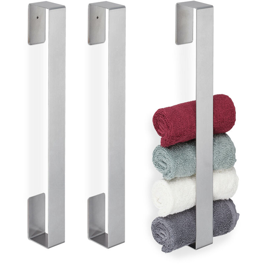 3x Towel Rails, Self-Adhesive, 430 Stainless Steel, Bathroom, Kitchen, Without Drilling, 45x4x6 cm, Silver - Relaxdays