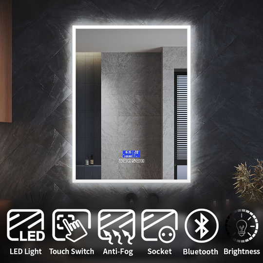 Elegant - Bluetooth Bathroom led Mirror with Shaver Socket 800x600mm Wall Mounted Bathroom Mirror with led Lights Demister Pad Touch Switch Bright