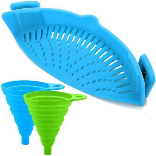 Perlerare - Silicone colander with 2 collapsible funnels - Attach the colander to the pot to drain your food - blue