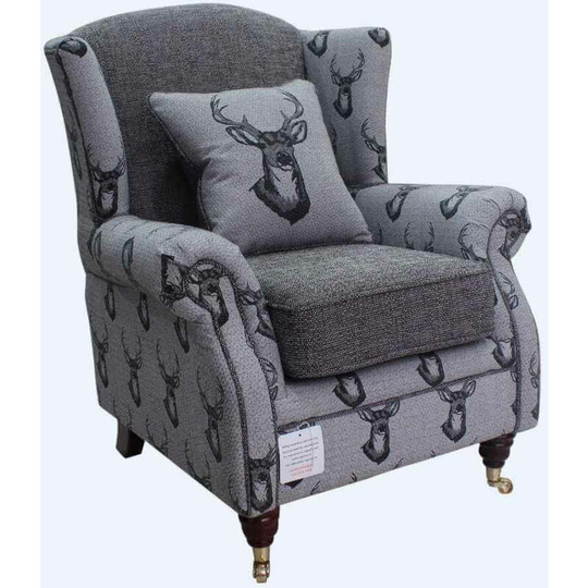 Wing Chair Fireside High Back Armchair Antler Stag Charcoal Grey