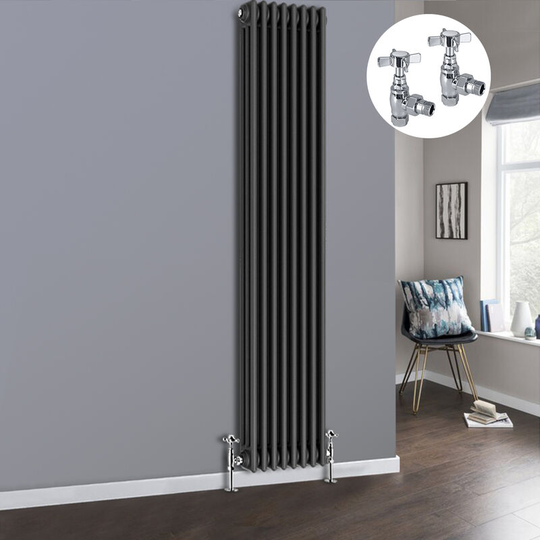 NRG - Anthracite 3 Column Traditional Cast Iron Style Radiator with Chrome Angled Cross Head Manual Valves Vertical 1800x382mm