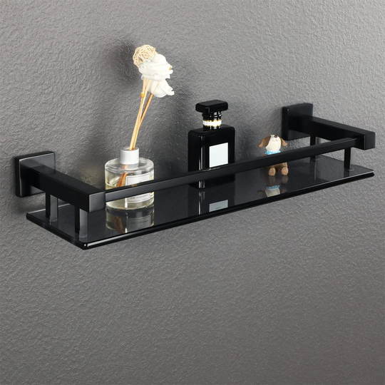 Bathroom Shelf Tempered Black Glass Shelf With Square Rail Wall Mounted 16 Inches, Stainless Steel Matte Black Finished