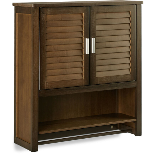 Relaxdays LAMELL Dark Brown Wall Cabinet, Bamboo Bathroom Cupboard with Towel Holder, 3 Shelves, 66 x 62 x 20 cm