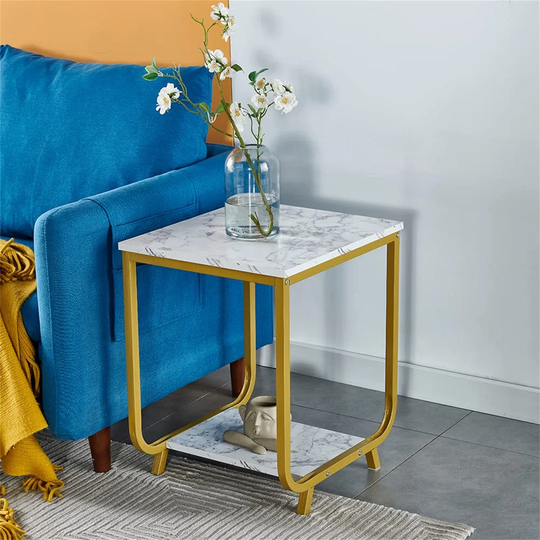 2-Tier End Table Nightstand, Bedside Lamp Table With Metal Frame For Bedroom, Marble Print Sofa Side Table Snack Table With Storage Shelf For Living R