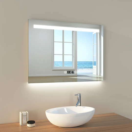 LM06 LED Bathroom Mirror 80X60cm Bathroom Mirror With Cold White Lighting Touch Switch Anti Fog And Clock IP44