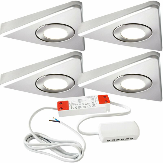 Loops - 4x brushed nickel Triangle Surface Under Cabinet Kitchen Light & Driver Kit - Natural White led