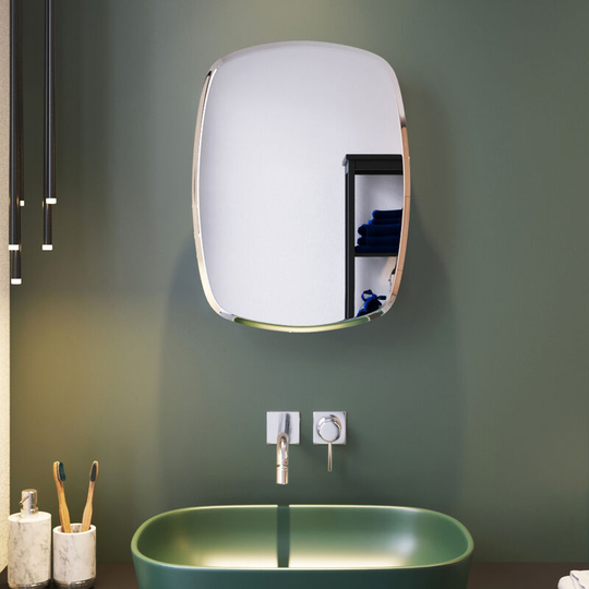 Elegant - Oval Shape Single Door Stainless Steel Mirror Cabinet 600 x 450 mm Bathroom Wall Mounted Home Furniture Decorative Stylish Crafted Oblique