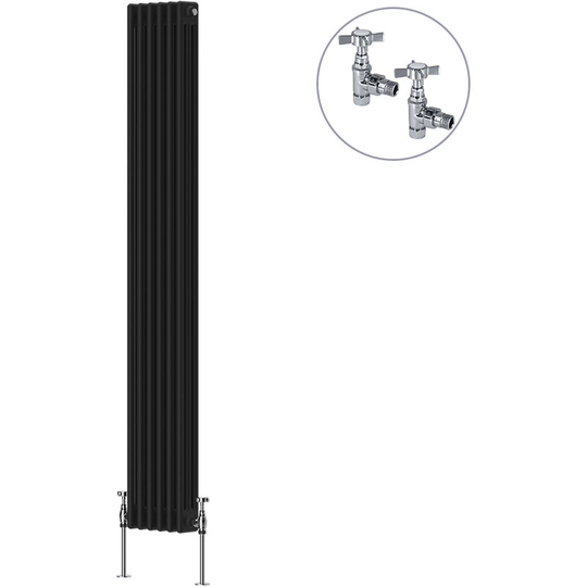 Traditional Rad Cast Iron Style Radiator Black + Chrome Angled Traditional Radiator Manual Valves 1800x290mm Vertical Triple Column
