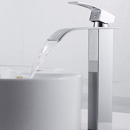 Bathroom sink faucet high waterfall spout for washbasin, Modern square chrome single hole cold and hot water mixer tap (Gold)