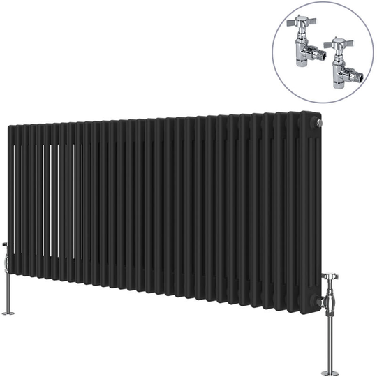 NRG - Traditional Rad Cast Iron Style Radiator Black + Chrome Angled Traditional Radiator Manual Valves 600x1460mm Horizontal Triple Column