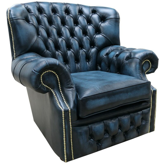 Chesterfield Monks High Back Wing Chair Antique Blue Leather Armchair