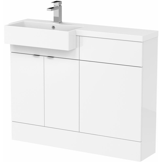 Fusion lh Combination Unit with Square Semi Recessed Basin 1100mm Wide - Gloss White - Hudson Reed