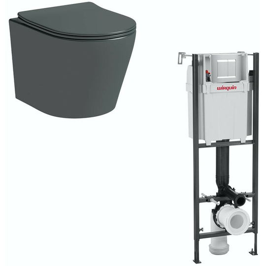 Mode - Orion charcoal grey wall hung toilet with soft close seat and 1m wall mounting frame with push plate cistern - Grey