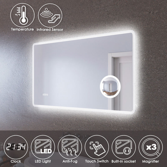 Led Illuminated Bathroom Mirror with Light 1000 x 600 mm Infrared Sensor + Demister + Shaver Socket + Magnifying + Clock Display - Elegant