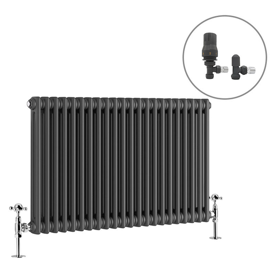 NRG - Traditional Radiator Anthracite Cast Iron Style Rads with Angled Thermostatic Valves Horizontal 2 Column 600x1010mm