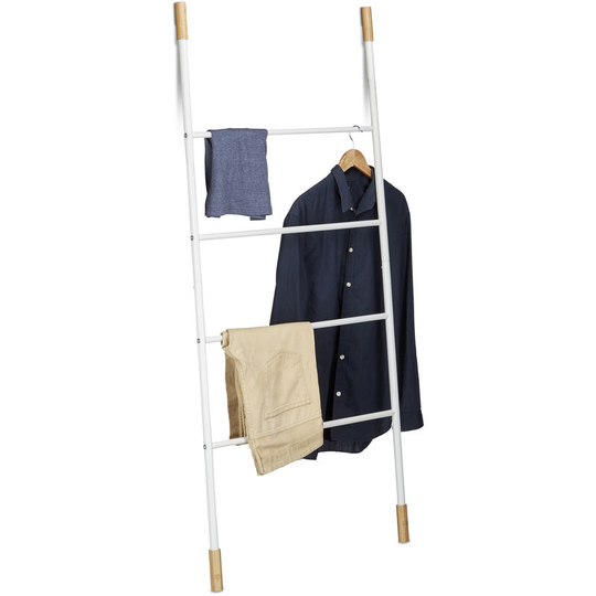 Metal Towel Ladder Rack, 4 Rungs, Freestanding Leaning Laundry Holder, Bamboo, hwd: 150x70x2cm, White - Relaxdays