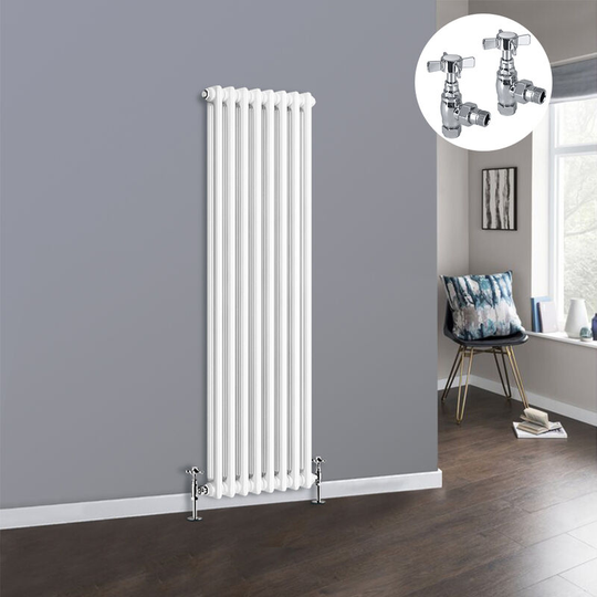 White 2 Column Traditional Cast Iron Style Radiator with Chrome Angled Cross Head Manual Valves Vertical 1500x380mm