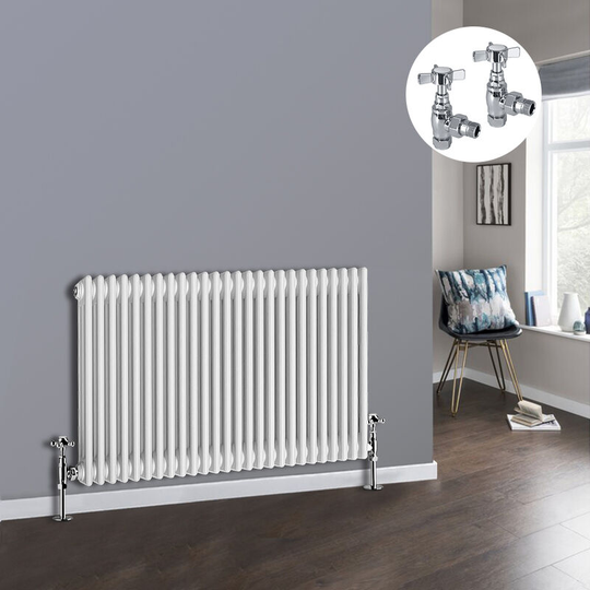 NRG - White 3 Column Traditional Cast Iron Style Radiator with Chrome Angled Cross Head Manual Valves Horizontal 600x1192mm