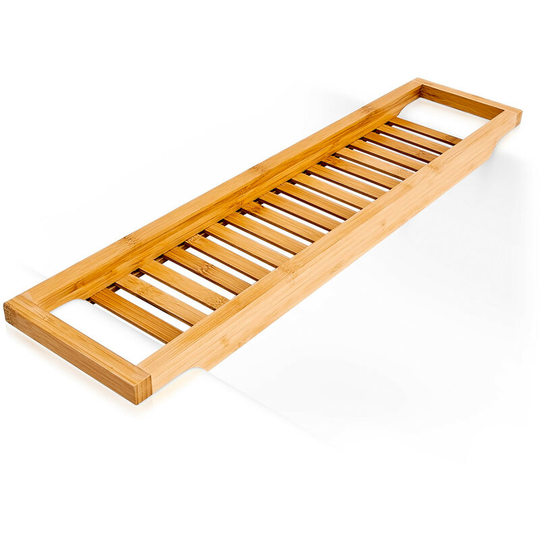 Bamboo Bathtub Caddy, Wooden Bathroom Rack, 4 x 64 x 15 cm, Over Tub Storage Tray, with Rails, Natural Brown - Relaxdays