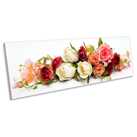 Bouquet Rose Flowers Print PANORAMA CANVAS WALL ART Picture Multi-Coloured