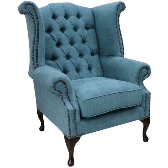 Chesterfield Queen Anne High Back Wing Chair Marinello Kingfisher Fabric