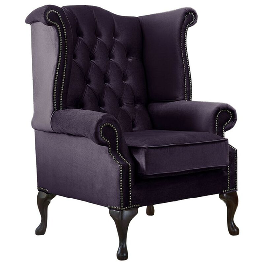 Chesterfield Queen Anne High Back Wing Chair Malta Amethyst Purple Velvet Fabric