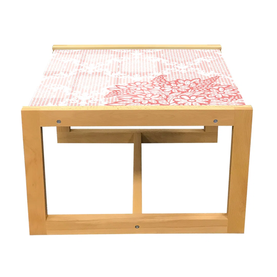 Coral Coffee Table, Antique Ornate Royal Checkered Floral Backdrop With Doodle Style Daisy Bouquet, Acrylic Glass Center Table With Wooden Frame For O