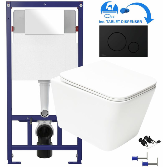 White Square Rimless Wall Hung Toilet & 1.12m Concealed wc Cistern Frame Set - Matt Black Plate