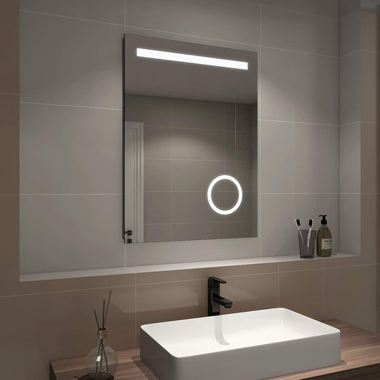 Emke - 600x800mm led Bathroom Mirror, Cool Light/Warm Light Wall-Mounted Vanity Mirror with Shaver Socket, Button Switch, Demister Pad, 3X Magnifying
