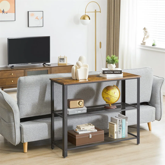 Industrial Console Table, Narrow Side Table, High Sideboard, Rustic Brown Hallway Sofa Table With 2 Mesh Shelves, End Table For Living Room And Corrid