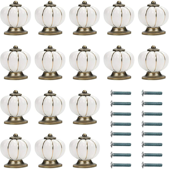 White and Gold Ceramic Cabinet Knob with Pumpkin Screws (16 Pack) - 3.6 x 3.9 cm - Vintage Round Cabinet Knob - for Home, Office, Kitchen Cabinet,