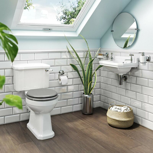 The Bath Co. Camberley cloakroom suite with grey soft close seat - White/grey