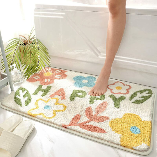 Gift - Non-Slip Bath Mat 40 x 60 cm Cartoon Plants Flowers Bathroom Floor Mat Water Absorbing Bath Area Rug Soft Shower Mat for Bathtub Toilet Doormat